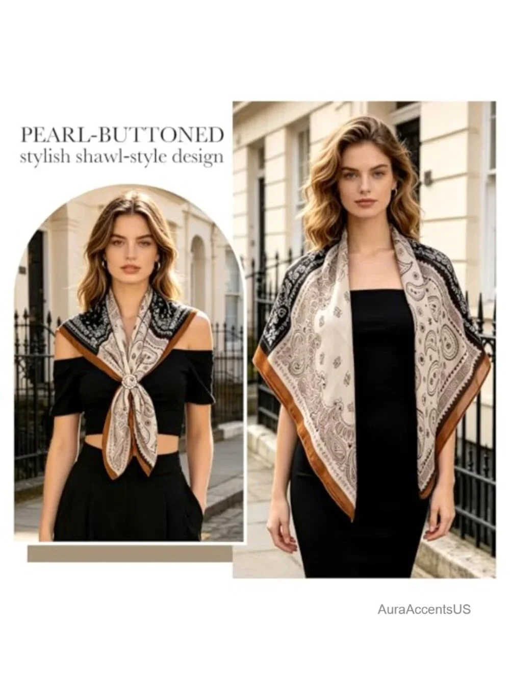 Oversized Bandana Scarf with Pearl Scarf Ring, Large Square Shawl Hair Wrap